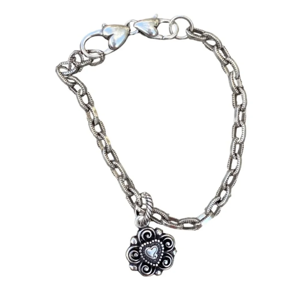 Brighton Silver Tone Heart Charm Flower Bracelet Pink‎ Gemstone Crystal Accents
